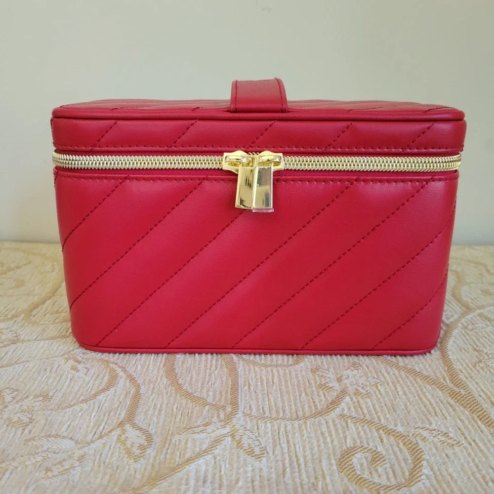 Yves Saint Laurent Beaute Red Chevron Quilted Vanity‎ Case Makeup Bag Mirror NEW